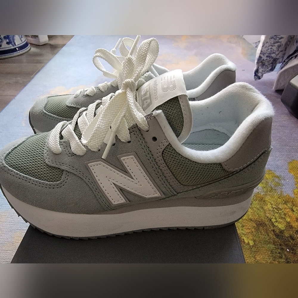 New Balance 574+ Platform Green And Gray Sneakers Size 6.5